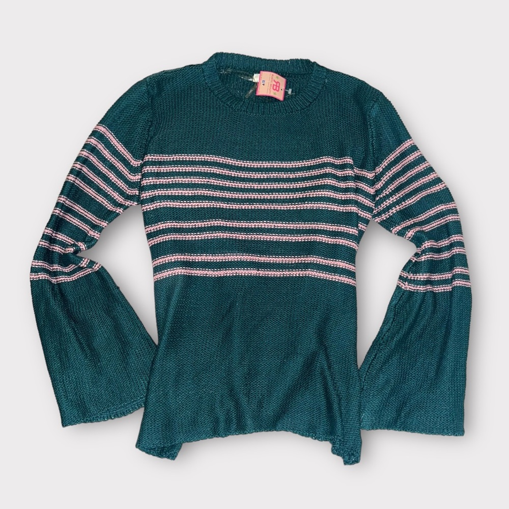 Green Umgee Sweater with Pink Stripes and Bell Sleeves